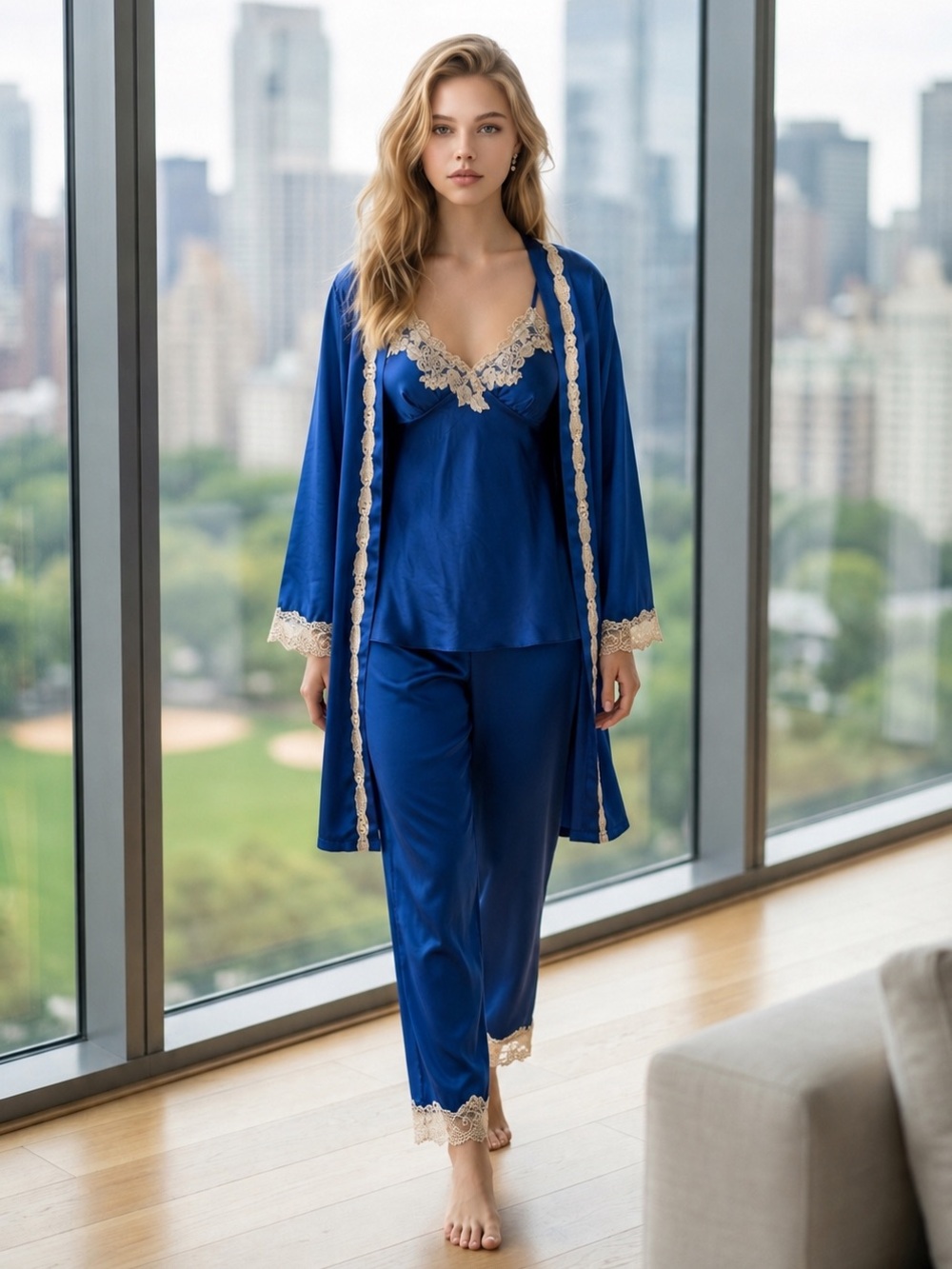 Vintage Gorgeous Royal Blue Satin Lace 3 Piece Sleepwear Set Pants Robe Top Y2K